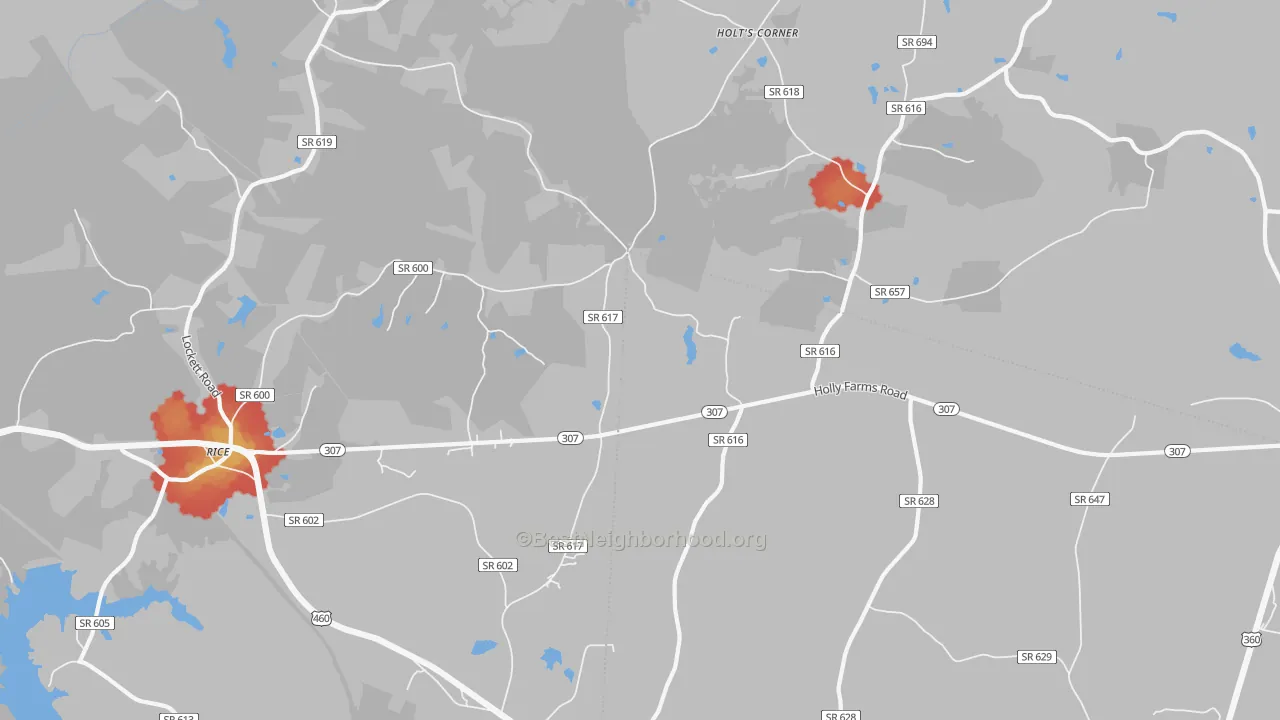 Walk Grade map of Gills, VA, walkable areas in green and car-dependent areas in red