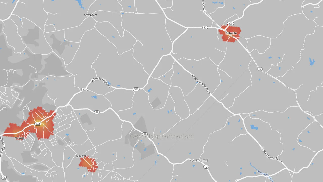 Walk Grade map of Gillsville, GA, walkable areas in green and car-dependent areas in red
