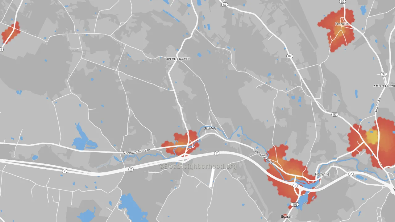 Walk Grade map of Gilman, CT, walkable areas in green and car-dependent areas in red