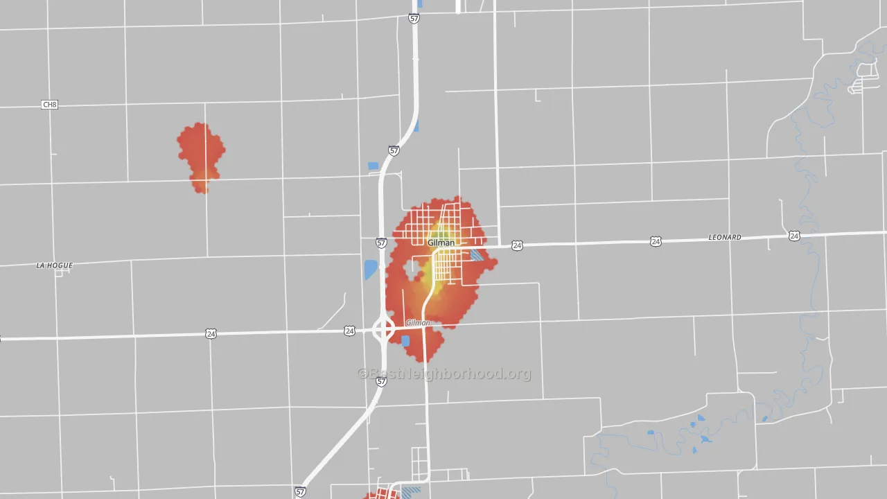 Walk Grade map of Gilman, IL, walkable areas in green and car-dependent areas in red