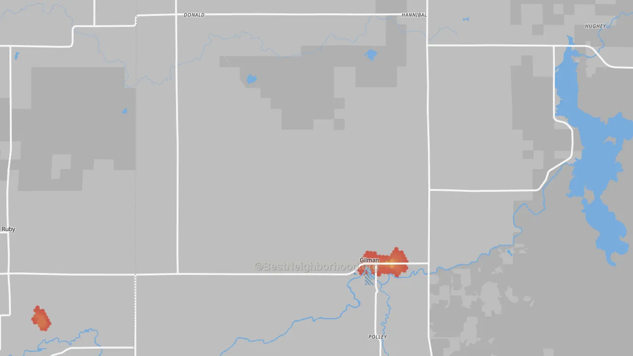 Walk Grade map of Gilman, WI, walkable areas in green and car-dependent areas in red