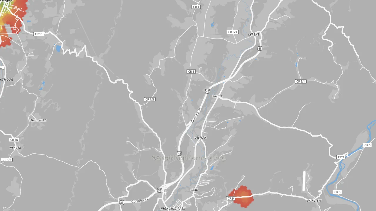 Walk Grade map of Gilman, WV, walkable areas in green and car-dependent areas in red