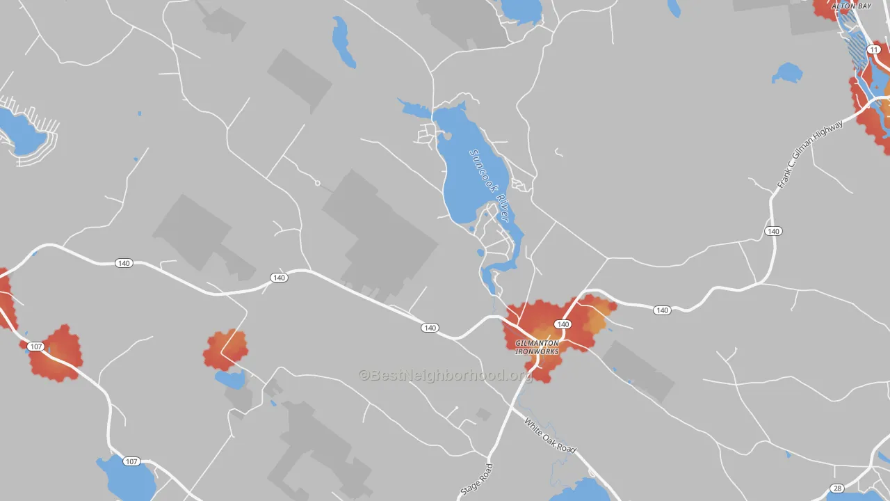 Walk Grade map of Gilmanton Iron Works, NH, walkable areas in green and car-dependent areas in red