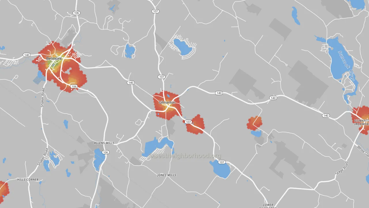 Walk Grade map of Gilmanton, NH, walkable areas in green and car-dependent areas in red