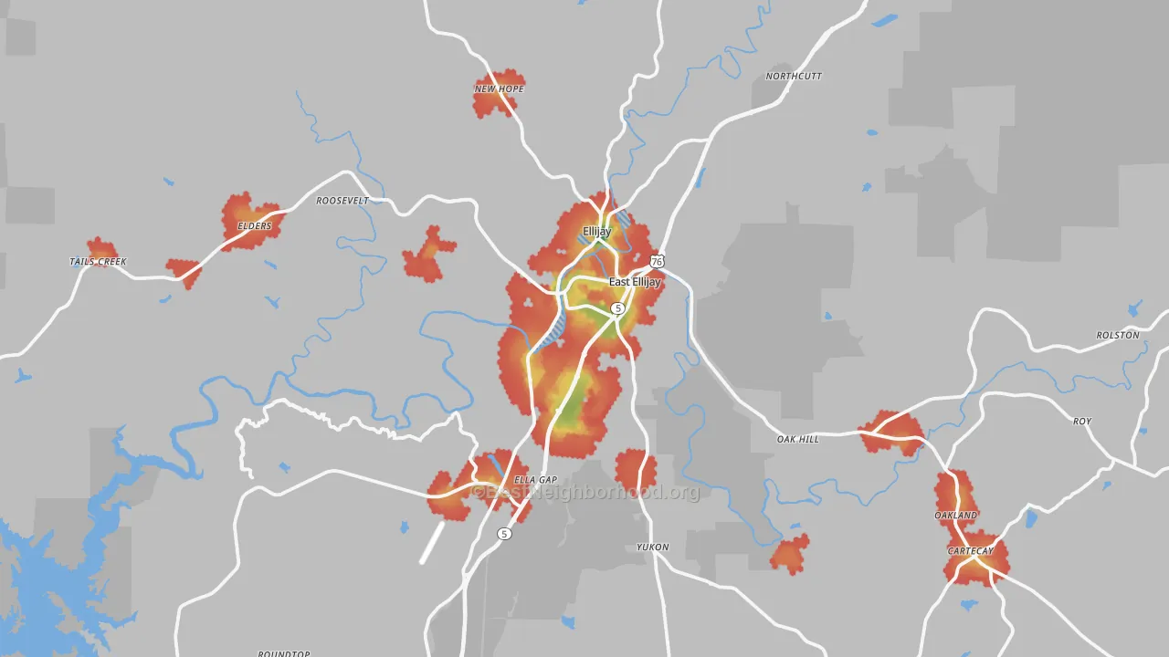 Walk Grade map of Gilmer County, GA, walkable areas in green and car-dependent areas in red