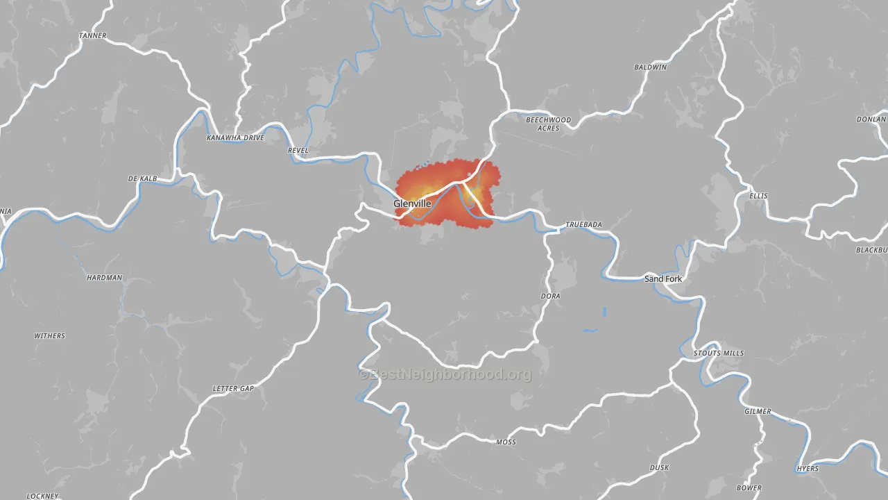Walk Grade map of Gilmer County, WV, walkable areas in green and car-dependent areas in red