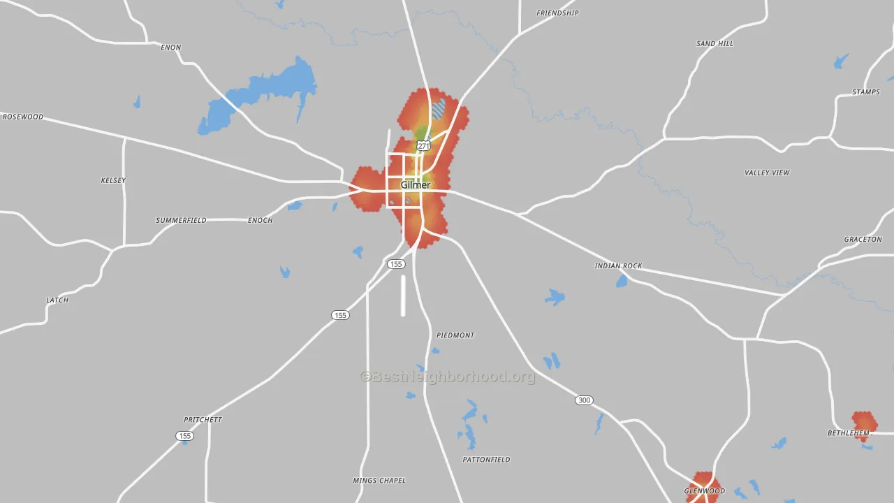 Walk Grade map of Gilmer, TX, walkable areas in green and car-dependent areas in red