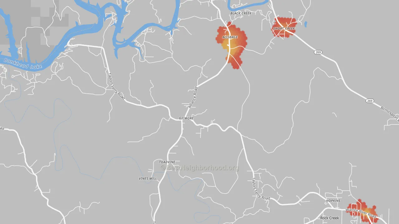 Walk Grade map of Gilmore, AL, walkable areas in green and car-dependent areas in red