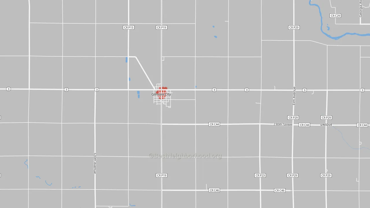Walk Grade map of Gilmore City, IA, walkable areas in green and car-dependent areas in red