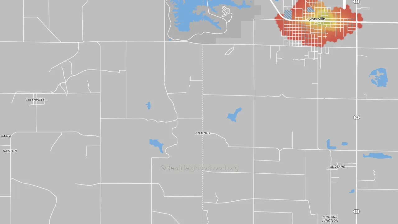 Walk Grade map of Gilmour, IN, walkable areas in green and car-dependent areas in red