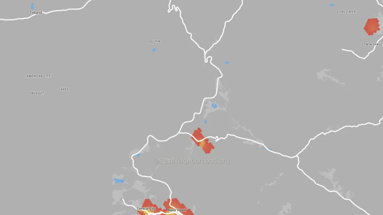 Walk Grade map of Gilpin County, CO, walkable areas in green and car-dependent areas in red