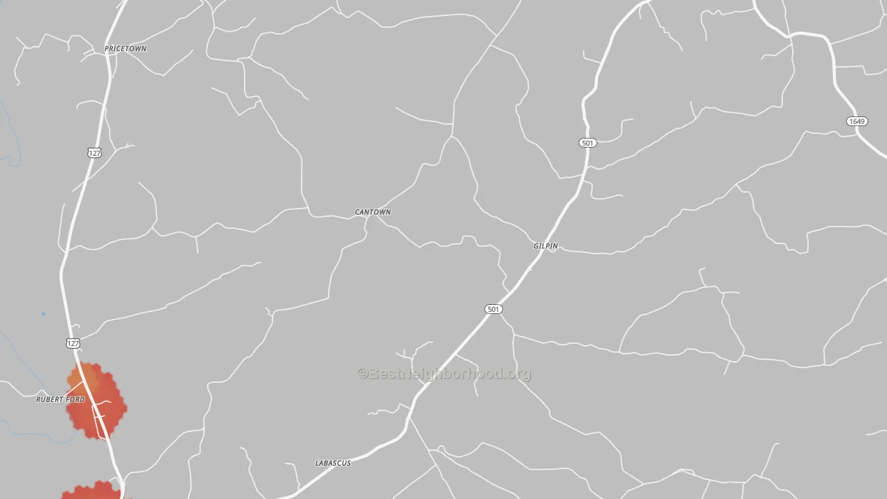 Walk Grade map of Gilpin, KY, walkable areas in green and car-dependent areas in red
