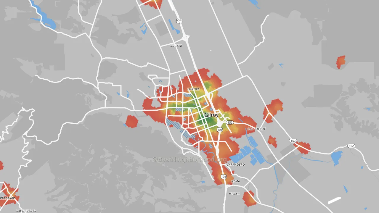 Walk Grade map of Gilroy, CA, walkable areas in green and car-dependent areas in red