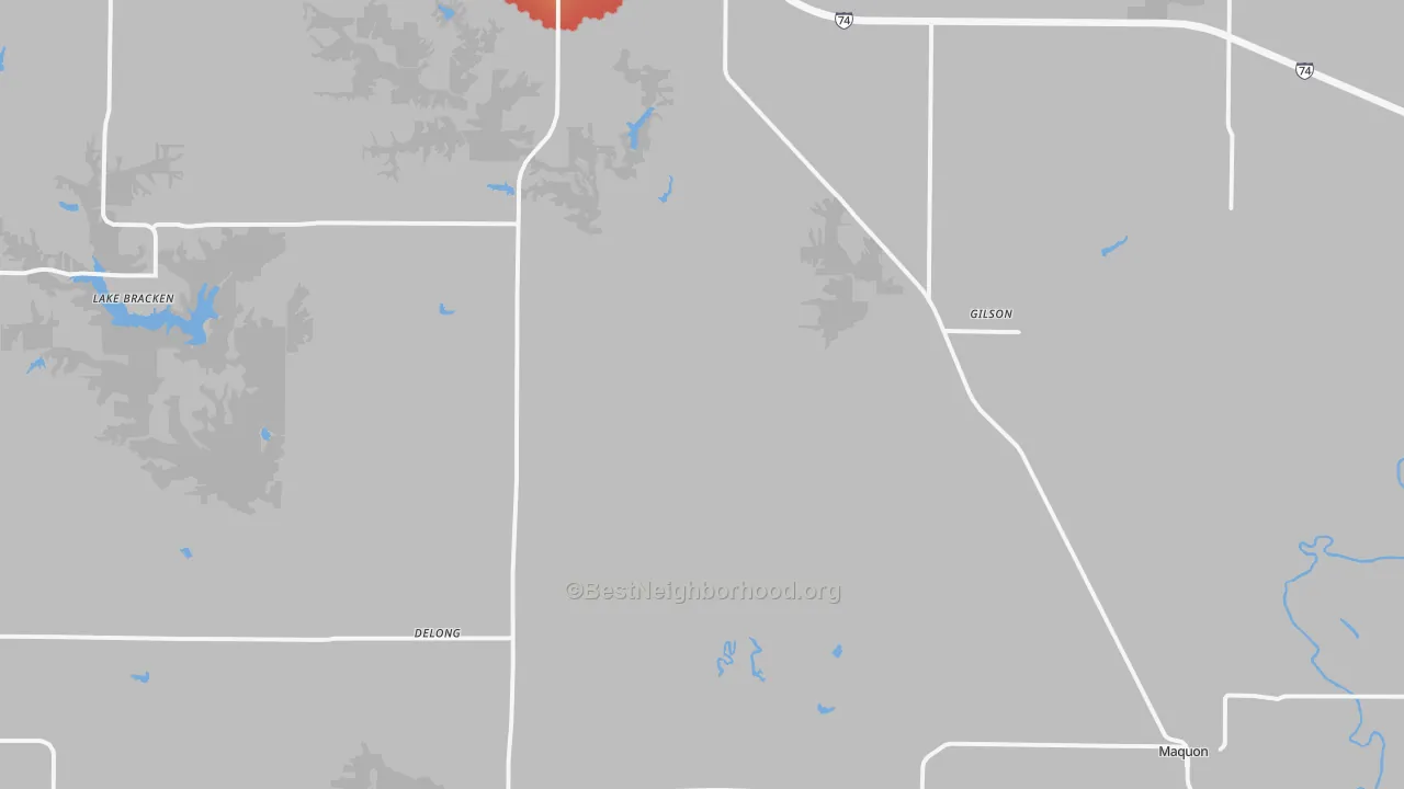 Walk Grade map of Gilson, IL, walkable areas in green and car-dependent areas in red