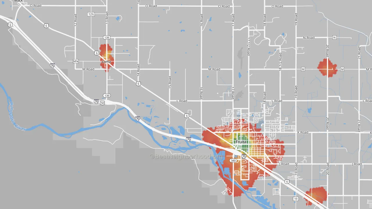 Walk Grade map of Gilsonite, CO, walkable areas in green and car-dependent areas in red