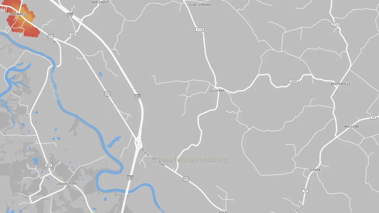 Walk Grade map of Gilstrap, KY, walkable areas in green and car-dependent areas in red