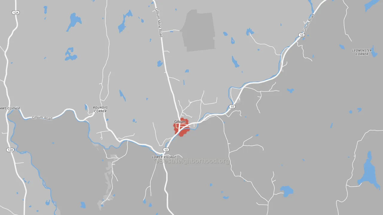 Walk Grade map of Gilsum, NH, walkable areas in green and car-dependent areas in red