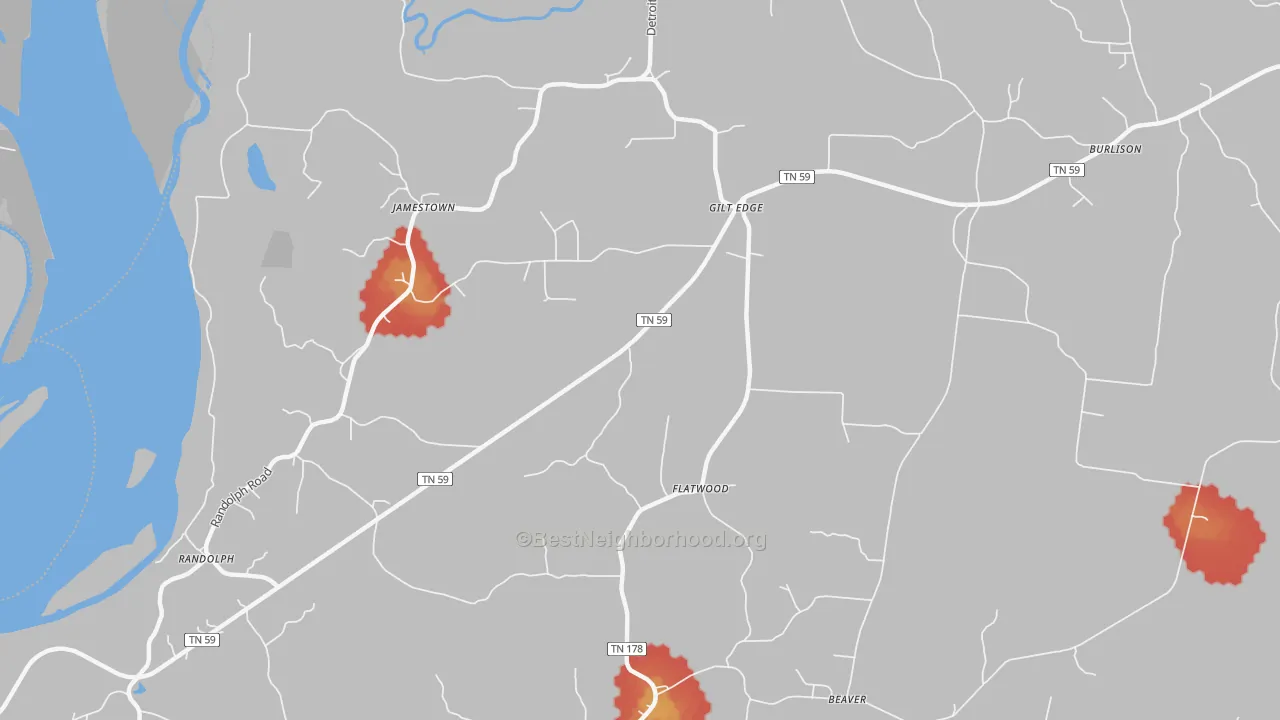 Walk Grade map of Gilt Edge, TN, walkable areas in green and car-dependent areas in red