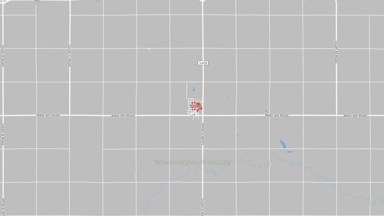 Walk Grade map of Giltner, NE, walkable areas in green and car-dependent areas in red