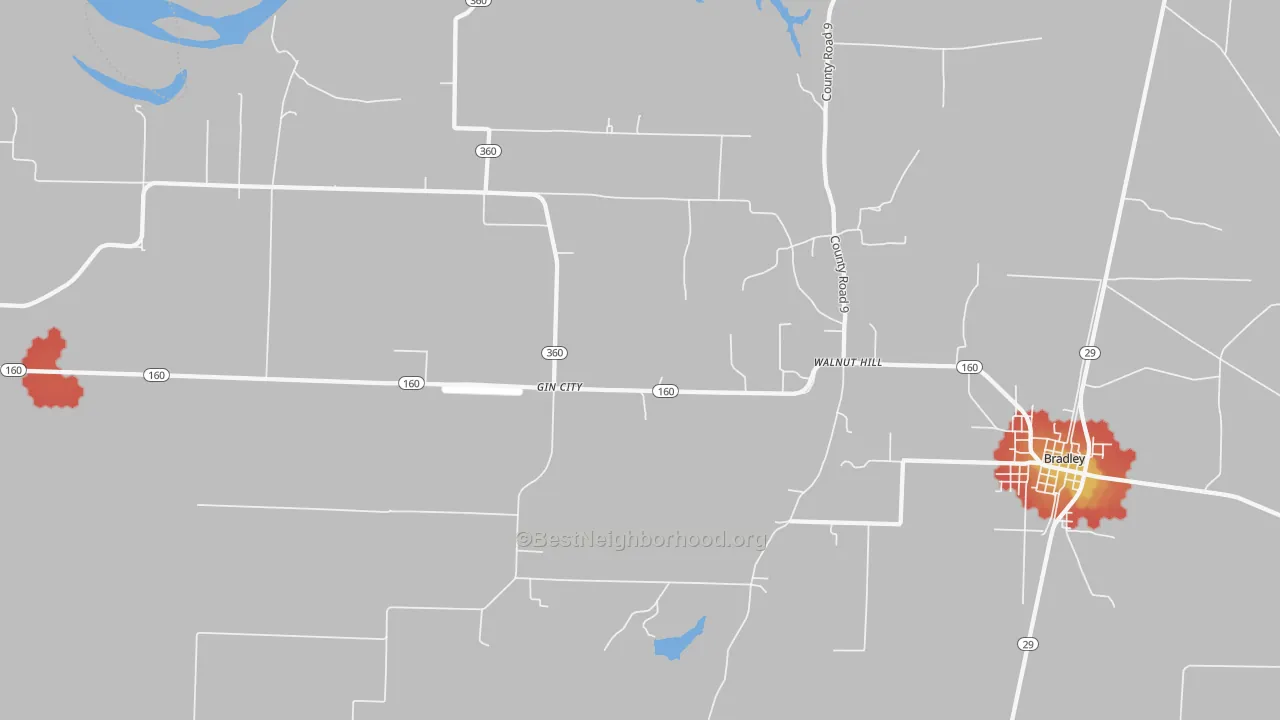Walk Grade map of Gin City, AR, walkable areas in green and car-dependent areas in red