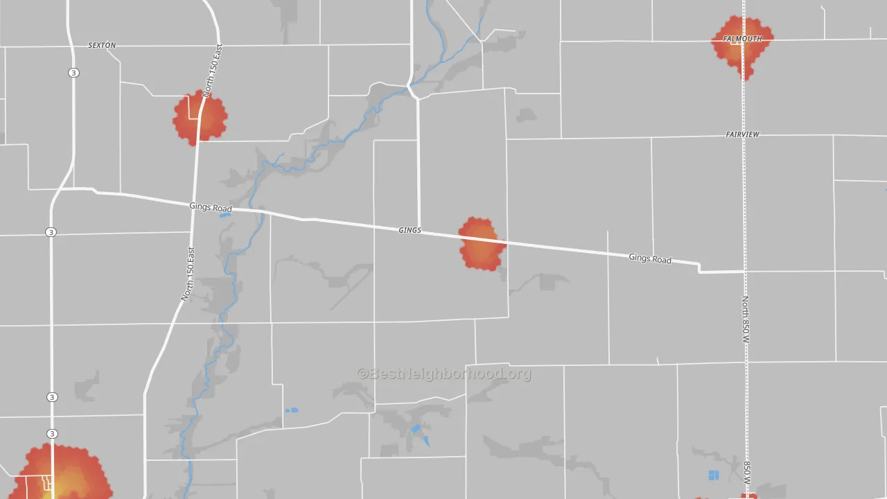 Walk Grade map of Gings, IN, walkable areas in green and car-dependent areas in red
