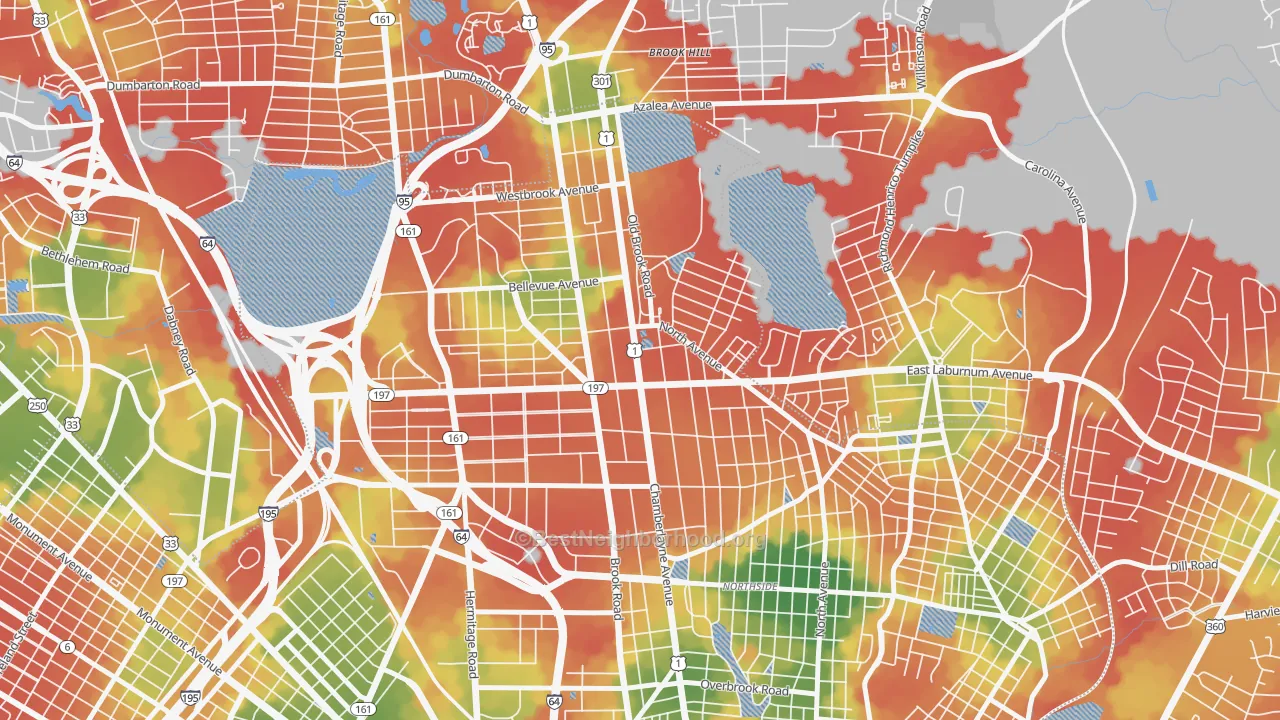 Walk Grade map of Ginter Park, Richmond, VA, walkable areas in green and car-dependent areas in red