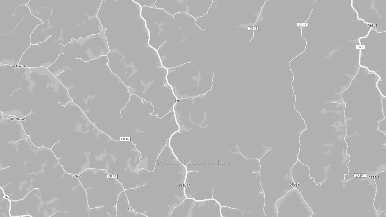 Walk Grade map of Gip, WV, walkable areas in green and car-dependent areas in red
