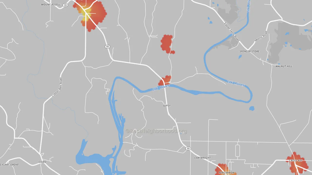 Walk Grade map of Gipsy, AL, walkable areas in green and car-dependent areas in red