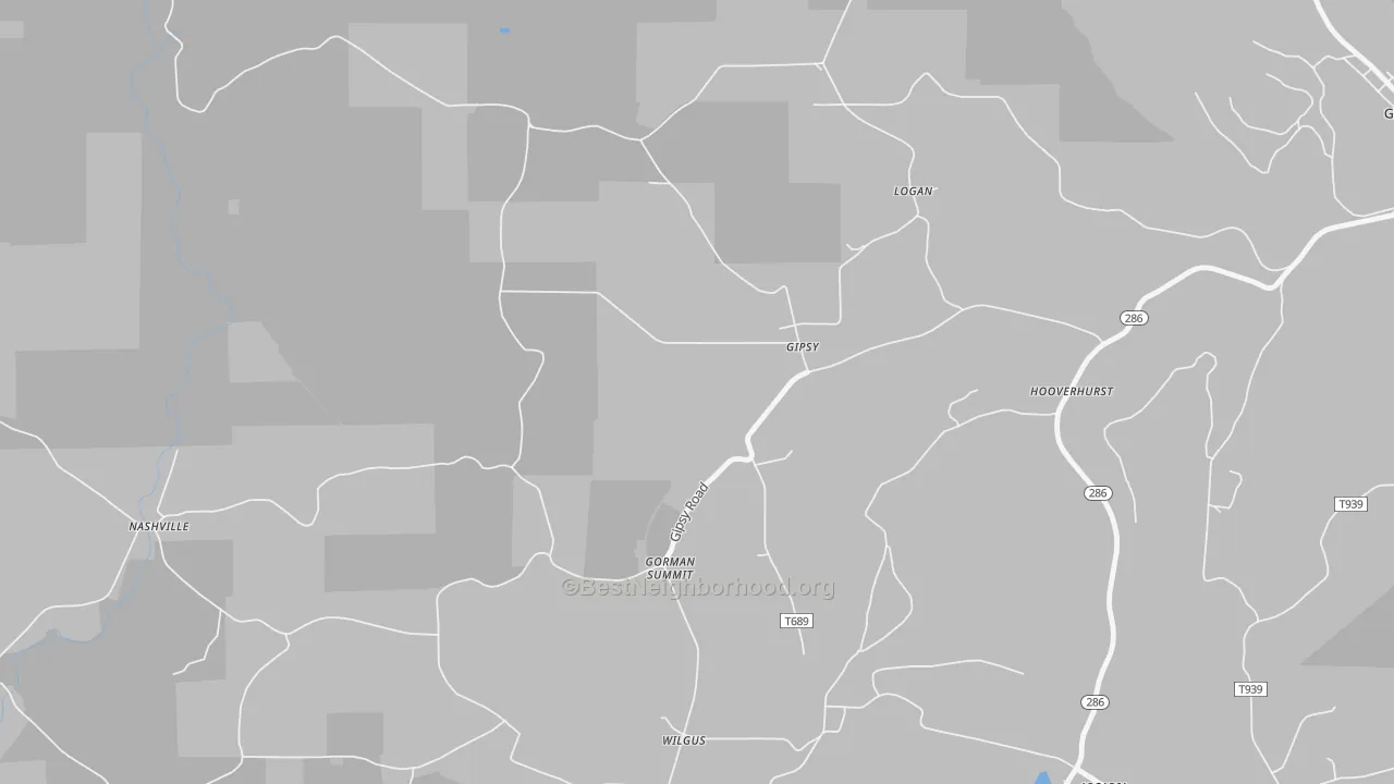 Walk Grade map of Gipsy, PA, walkable areas in green and car-dependent areas in red
