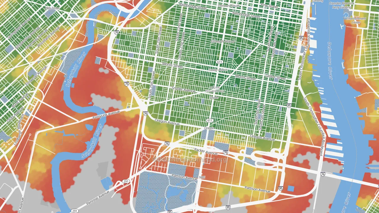 Walk Grade map of Girard Estates, Philadelphia, PA, walkable areas in green and car-dependent areas in red