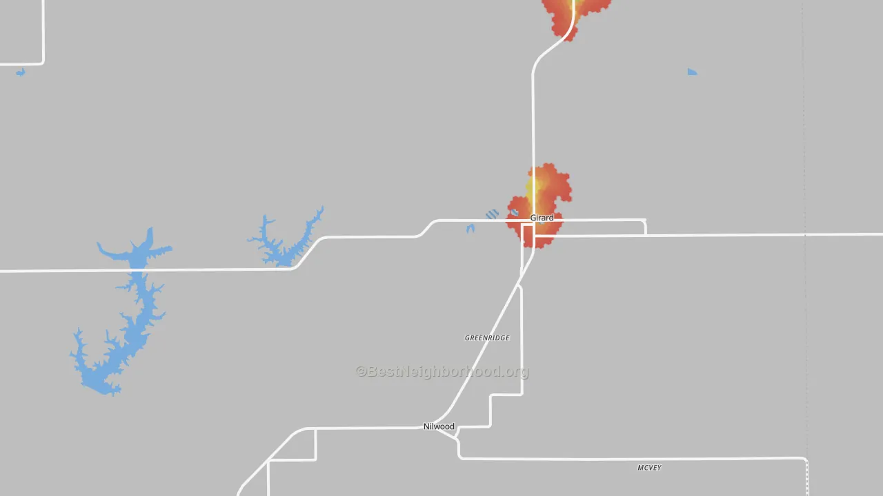 Walk Grade map of Girard, IL, walkable areas in green and car-dependent areas in red