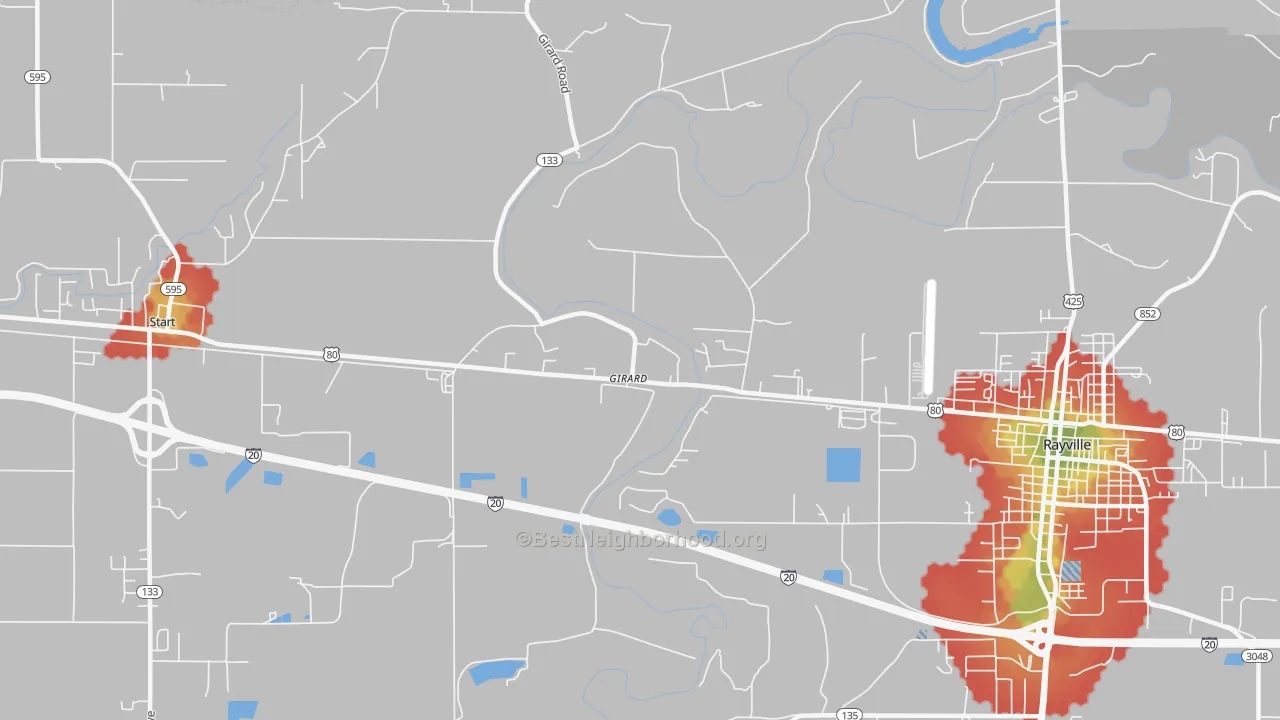 Walk Grade map of Girard, LA, walkable areas in green and car-dependent areas in red