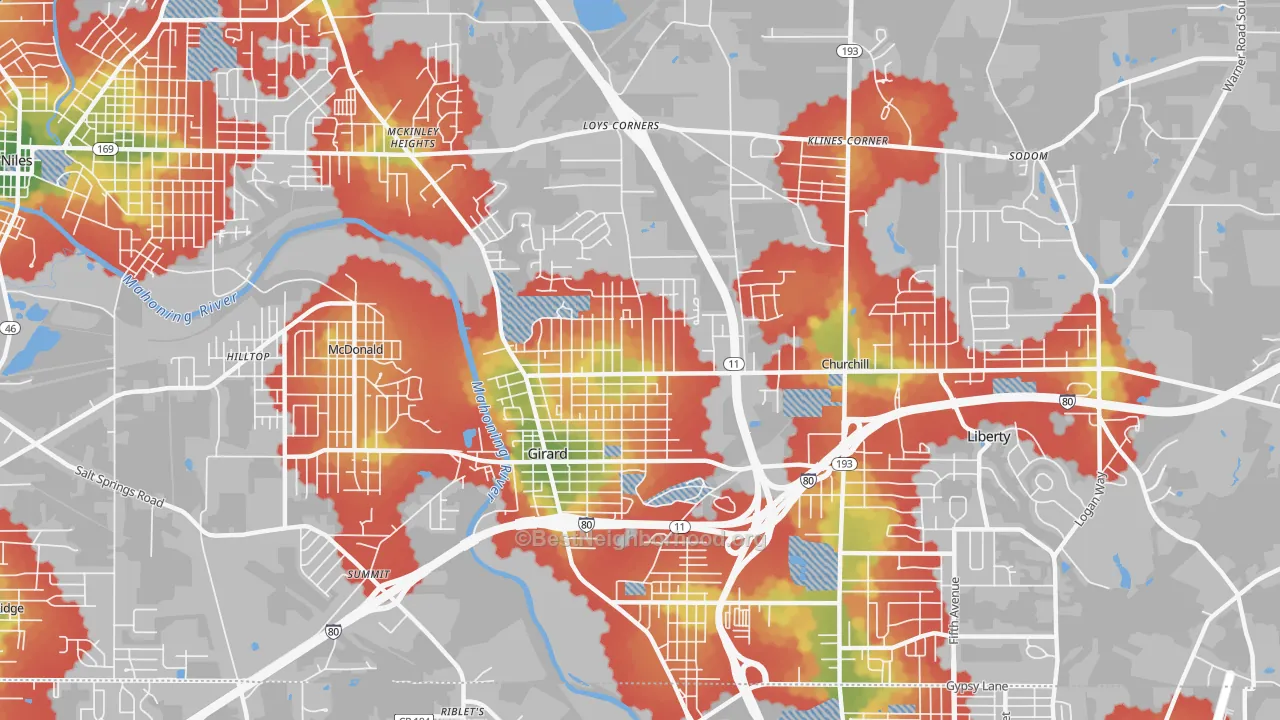 Walk Grade map of Girard, OH, walkable areas in green and car-dependent areas in red