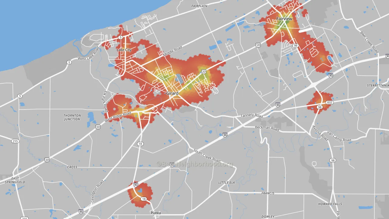 Walk Grade map of Girard, PA, walkable areas in green and car-dependent areas in red
