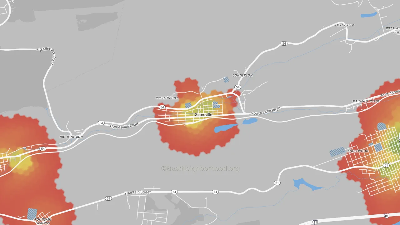 Walk Grade map of Girardville, PA, walkable areas in green and car-dependent areas in red
