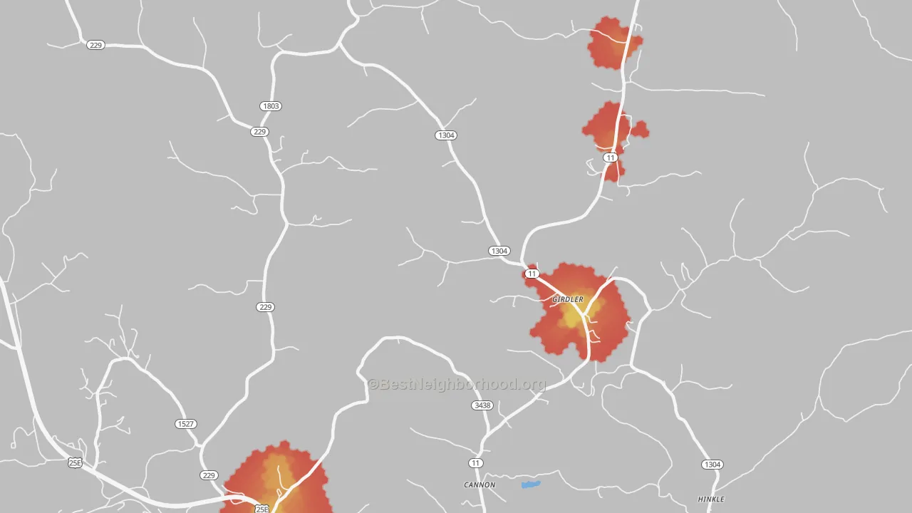 Walk Grade map of Girdler, KY, walkable areas in green and car-dependent areas in red