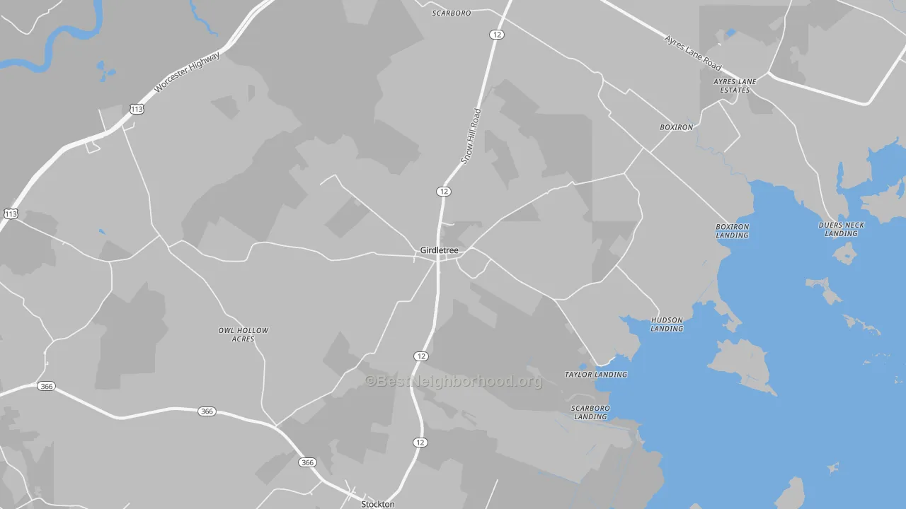 Walk Grade map of Girdletree, MD, walkable areas in green and car-dependent areas in red