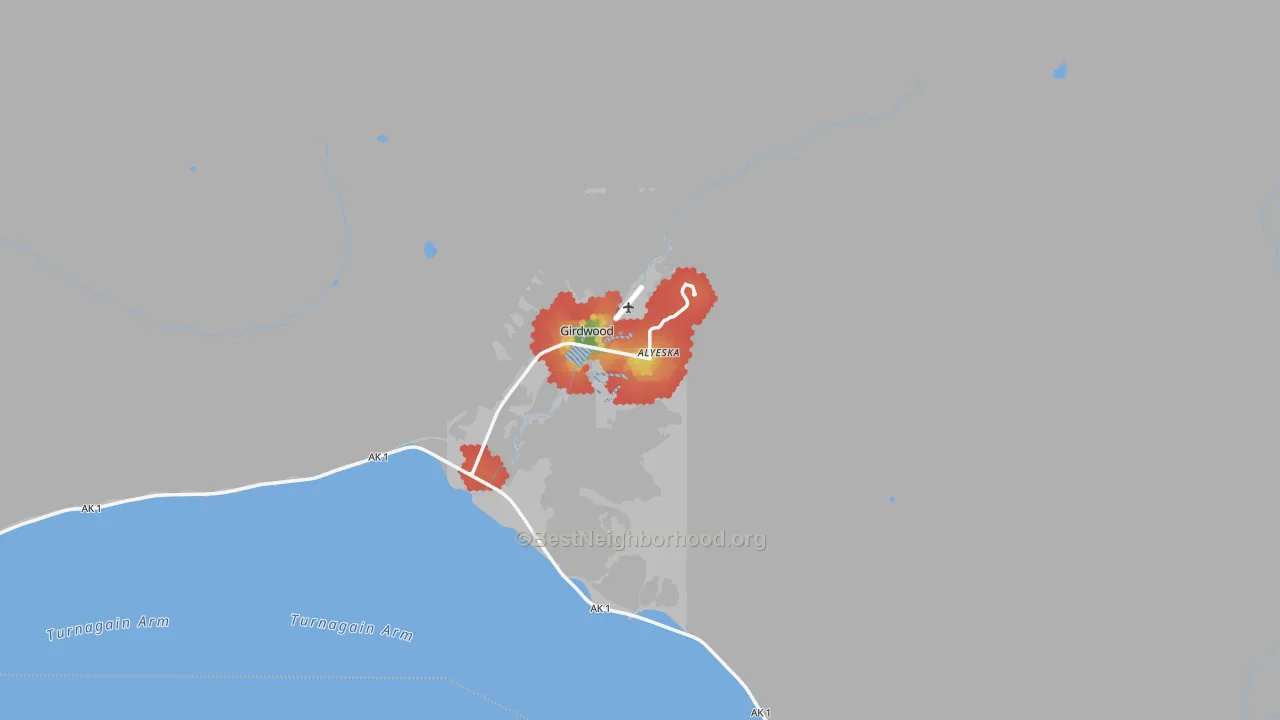 Walk Grade map of Girdwood, AK, walkable areas in green and car-dependent areas in red