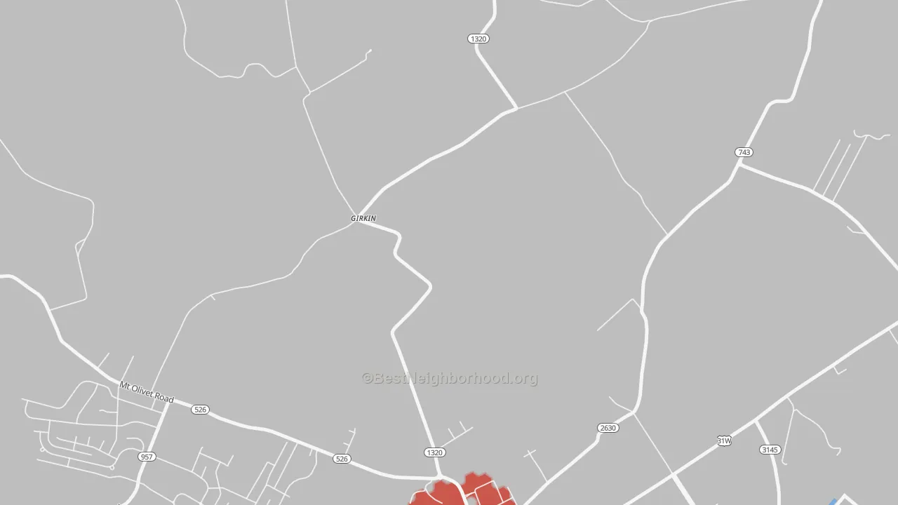 Walk Grade map of Girkin, KY, walkable areas in green and car-dependent areas in red