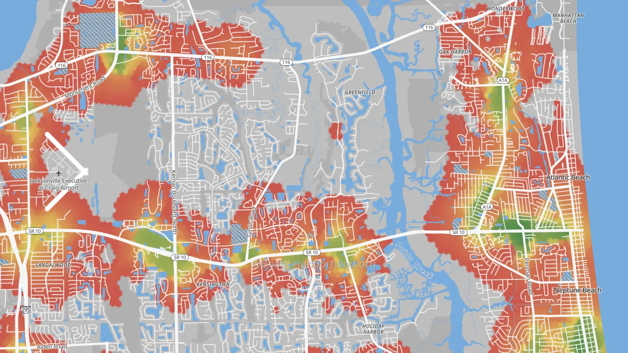 Walk Grade map of Girvin, Jacksonville, FL, walkable areas in green and car-dependent areas in red