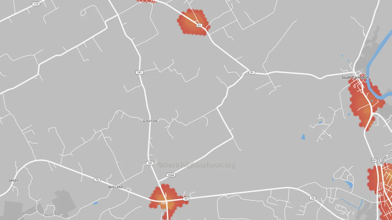 Walk Grade map of Gishton, KY, walkable areas in green and car-dependent areas in red