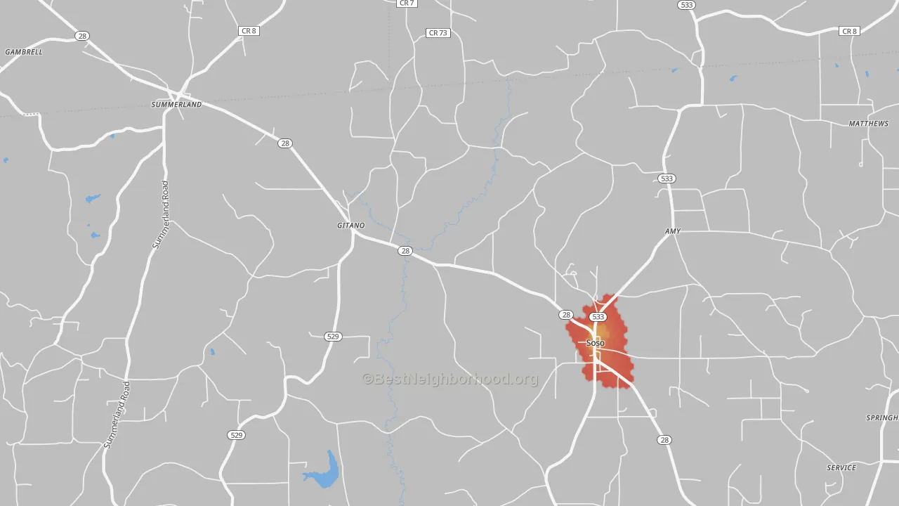 Walk Grade map of Gitano, MS, walkable areas in green and car-dependent areas in red