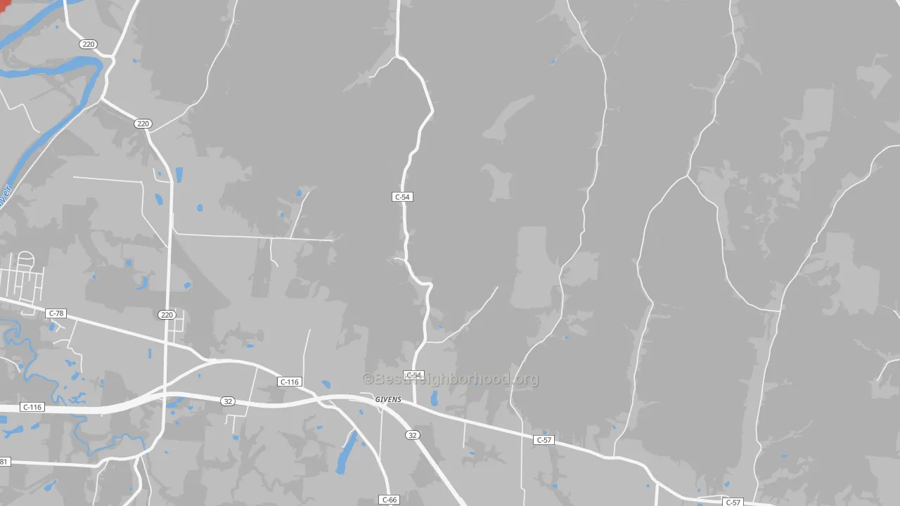 Walk Grade map of Givens, OH, walkable areas in green and car-dependent areas in red