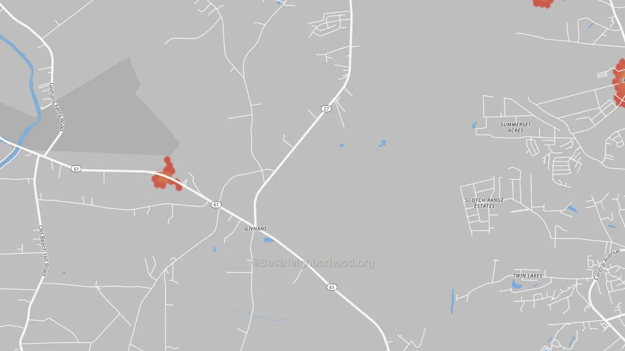 Walk Grade map of Givhans, SC, walkable areas in green and car-dependent areas in red