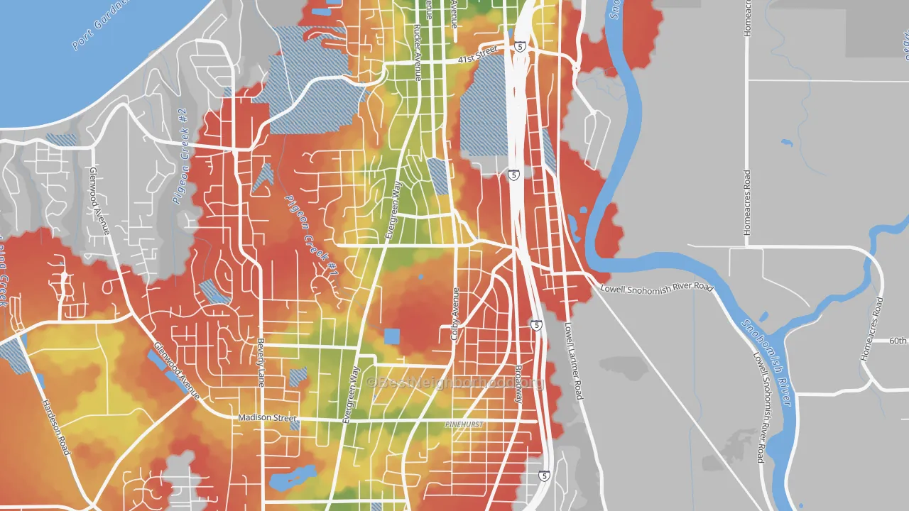 Walk Grade map of Glacier View, Everett, WA, walkable areas in green and car-dependent areas in red