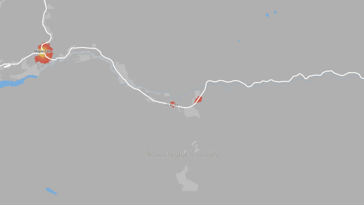 Walk Grade map of Glacier, WA, walkable areas in green and car-dependent areas in red
