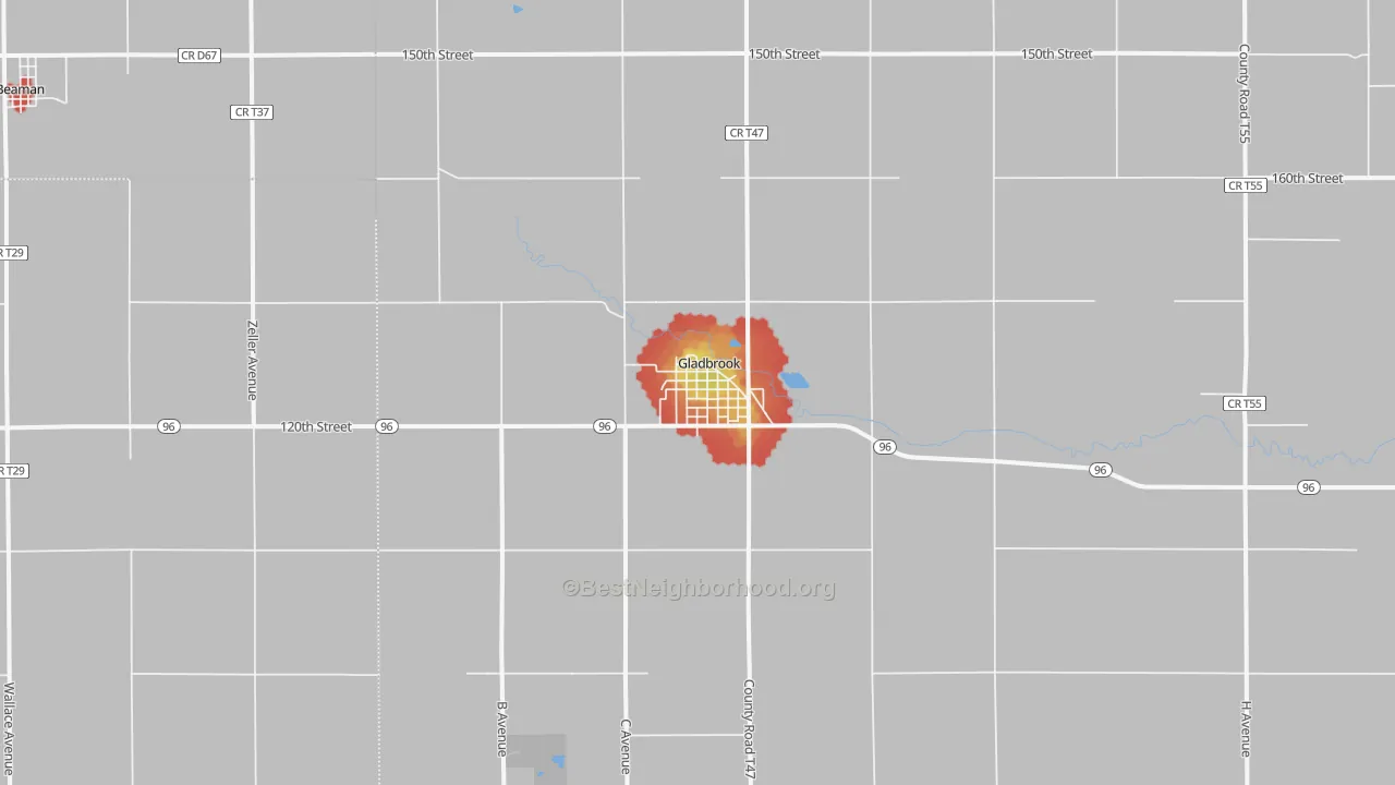 Walk Grade map of Gladbrook, IA, walkable areas in green and car-dependent areas in red