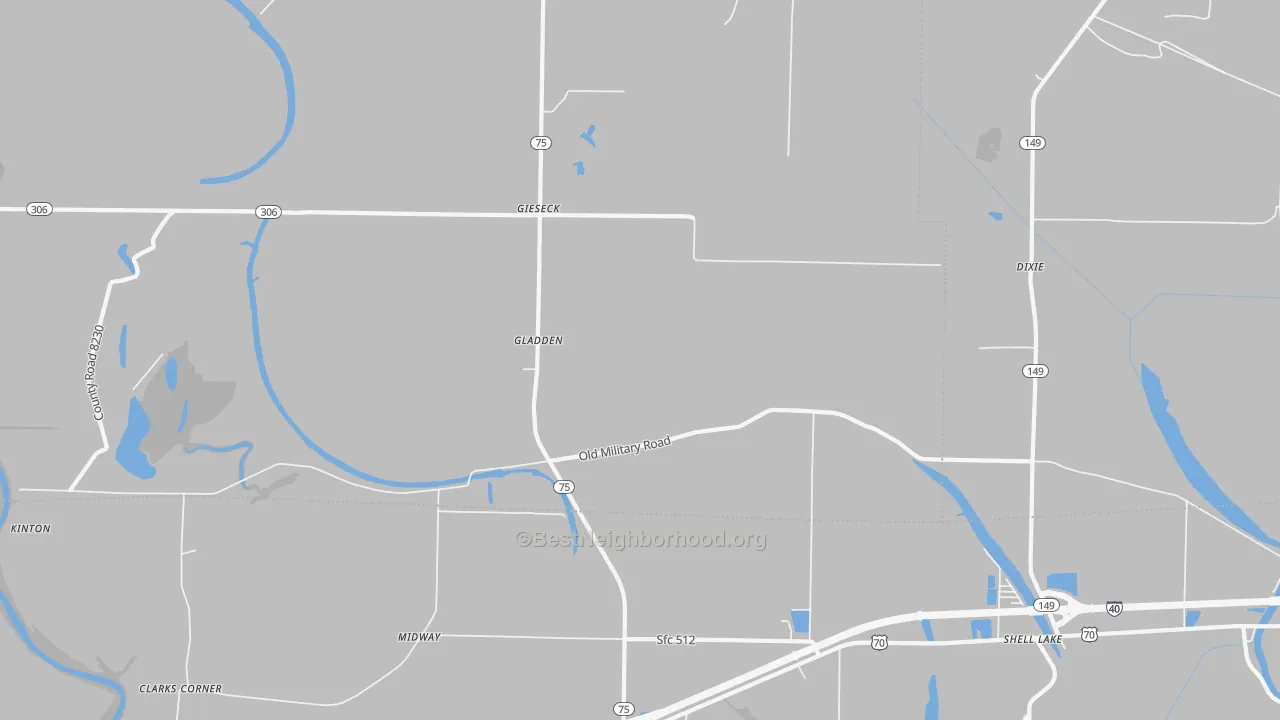 Walk Grade map of Gladden, AR, walkable areas in green and car-dependent areas in red