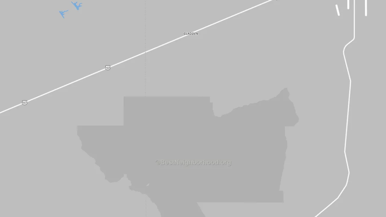 Walk Grade map of Gladden, AZ, walkable areas in green and car-dependent areas in red