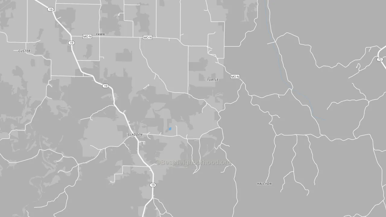 Walk Grade map of Gladden, MO, walkable areas in green and car-dependent areas in red